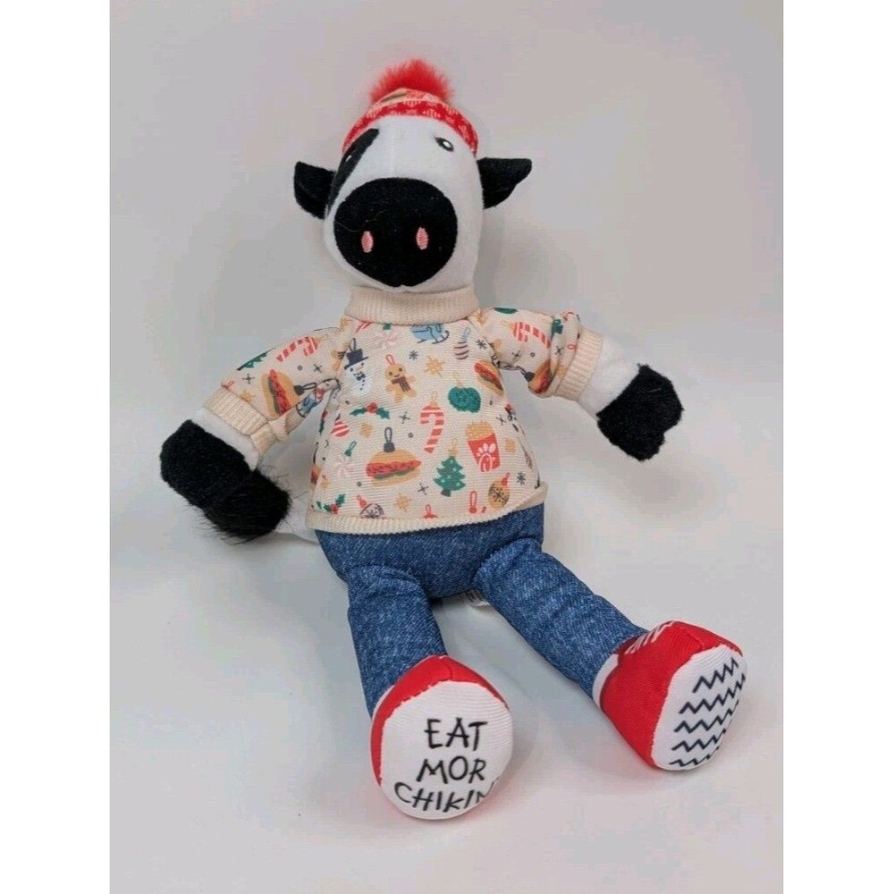 Chick-Fil-A Cow Plush Holiday Sweater Hat Eat Mor Chikin Stuffed Animal 2024